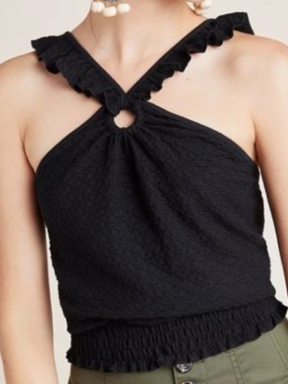 Anthropologie Marisol Black Textured Halter Neckline Tank with Ring Detail.